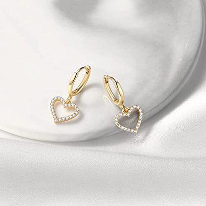 DAILY VIBES Cute Gold Mini Dangle Huggie Hoop Earrings for Women Trendy | 14K Gold Plated, Dainty Cubic Zirconia, Small Hoop Earrings with Charm Drop, Jewelry Gift for Women Ladies - color: Hollow Heart CZ
