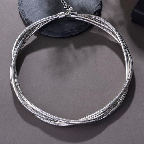 Chunky Gold Statement Choker Neckalce for Women Layered Snakebone Chain Collar Necklace Twist Wrap Stainless Steel Choker Punk Aesthetic Jewelry Gifts - color: Silver