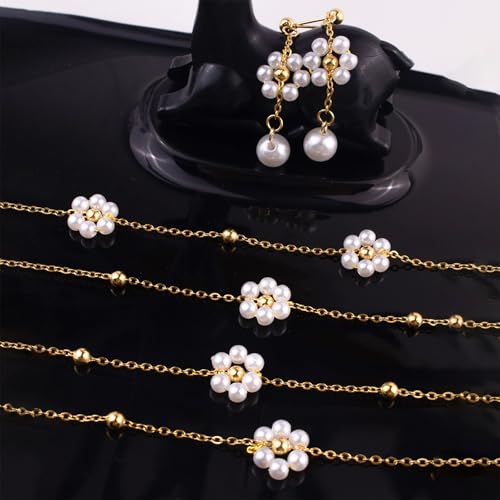 Pearl Jewelry Set for Women Pearl Necklace and Earring Set Bridal Jewelry Set for Wedding Elegant Pearl Jewelry - color: B0:Gold Pearl Flower Set