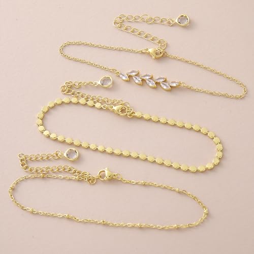 Gold Ankle Bracelets for Women 14k Gold Plated Cuban Link Chain Anklet Set | Stackable, Waterproof, Layered Anklet Bracelets, Non Tarnish, Summer Beach Jewelry - color: Gold C-3pcs