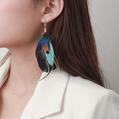 Bohemian Long Feather Earrings for Women Handmade Natural Dangle Tassel Jewelry - color: Style I