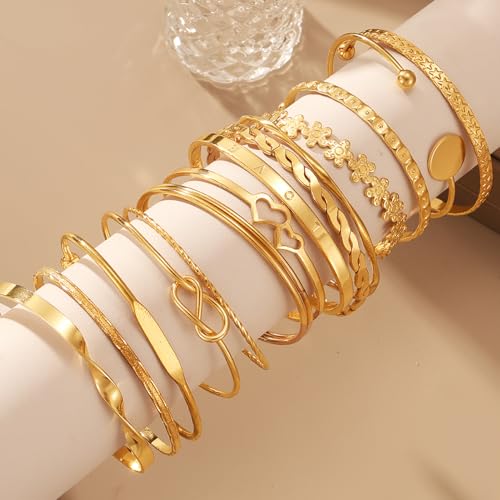17IF Gold Bangle Bracelet For Women, 14k Multilayer Charm Textured Stackable Bracelets Boho Indian Chunky Cuff Fashion Jewelry Gift - style: 15 Pcs