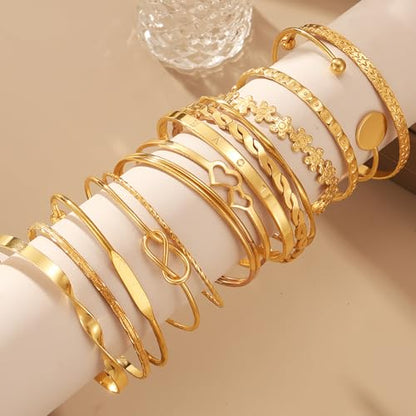 17IF Gold Bangle Bracelet For Women, 14k Multilayer Charm Textured Stackable Bracelets Boho Indian Chunky Cuff Fashion Jewelry Gift - style: 15 Pcs