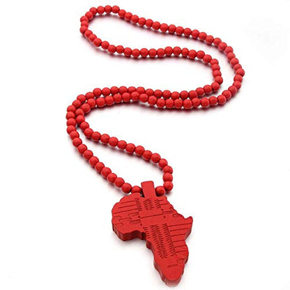COLORFUL BLING Multicolor 8MM Wooden Bead Chain African Hip-hop Africa Map Pendant Necklace for Men Boys Natural Wood Jewelry - color: red