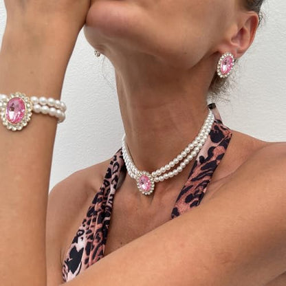 3Pcs Dainty Elegant Imitation Pearl Beaded Choker Necklace Bracelets Earrings Set Handmade Adjustable Faux Pearl Necklace for Women Bridal Wedding Party Prom Birthday Valentine Jewelry Gifts - color: C pink