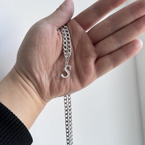 Stainless Steel Initial A-Z Necklace for Men Women,Cuban Chain,Titanium Steel Initial Letter Pendant Charm Necklaces Accessories Jewelry for Woman Man,21 Inch Chain - color: S