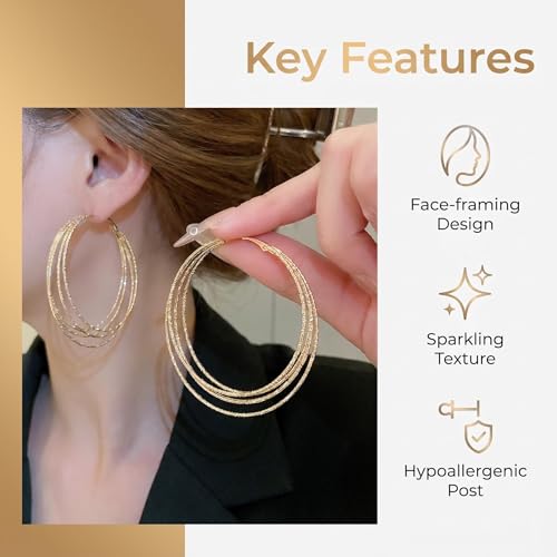 Hoop Earrings for Women, Hypoallergenic Stainless Steel Lightweight Thin Large Big Hoops Earrings Set for Women, Non Tarnish for Jewelry Gift 40MM - color: Gold Multi-Layer Glitter Hoop Earrings