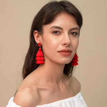 Me&Hz Colorful Layered Tassel Earrings Bohemian Statement Tiered Tassel Big Dangle Drop Earrings for Women Druzy Studs Valentine’s Day Gift - color: 01 Red