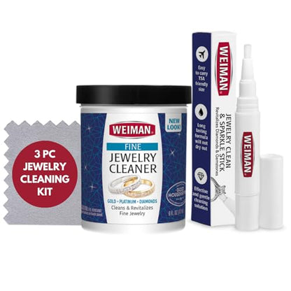 Weiman Fine Jewelry Cleaner Kit – 3PC Set, Jewelry Cleaning Liquid, Clean & Sparkle Stick and Polishing Cloth – For Diamonds, Earrings, Gold, Bracelets