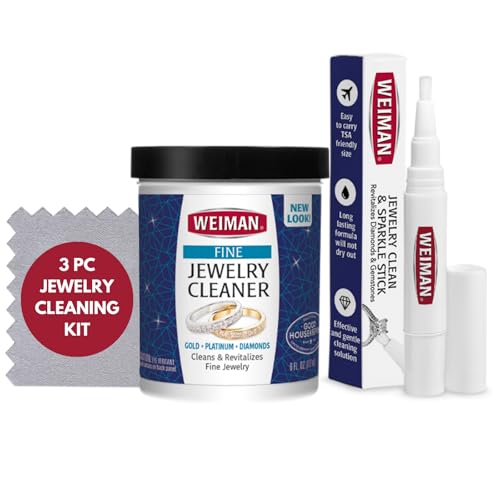 Weiman Fine Jewelry Cleaner Kit – 3PC Set, Jewelry Cleaning Liquid, Clean & Sparkle Stick and Polishing Cloth – For Diamonds, Earrings, Gold, Bracelets