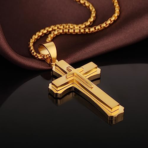 Men's Cross Necklace 316L Stainless Steel Large Heavy Cross Pendant for Men Polished Jewelry Rolo Chain with 22'' 24'' 26'' - color: B-yellow, size: 26 inch