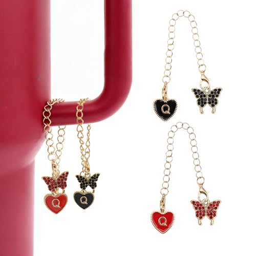 2Pcs Letter Charm Accessories for Stanley Cup,Name ID Initial Letter for Stanley 30&40 oz Tumbler with Handle,Heart Shape & Four Leaf Clover Initial Personalized Identification Charms Chain - color: black and red-Q