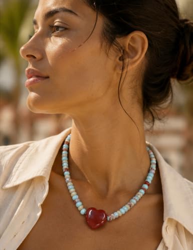 Beaded Necklaces for Women,Natural Stone Necklace, Bead Choker with Heart Pendant, Handmade Surfer Beach Necklace Trendy Stone Jewelry Gifts