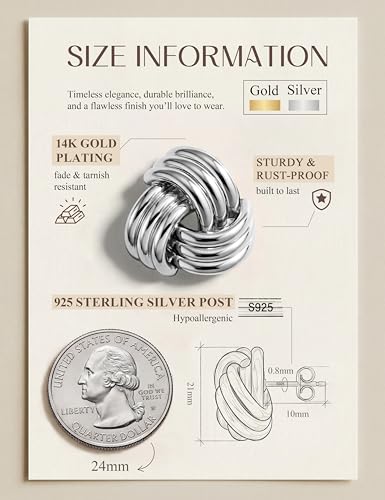 Chunky Gold Stud Earrings for Women Sterling Silver Earring Hypoallergenic | Non Tarnish 14K Gold Plated 925 Silver Posts for Sensitive Ears,Knot Statement Dangle Earrings Gold Jewelry Gifts Lightweight - color: silver plated-kont