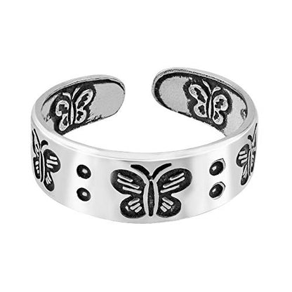 AeraVida .925 Sterling Silver Adjustable Toe Ring or Pinky Ring 5mm Wide Open Band, Stackable Minimalist Summer Foot Jewelry | Sun Moon Star Turtle Butterfly Leaf Olive Branch Ocean Wave Yin Yang Design - style: Butterfly