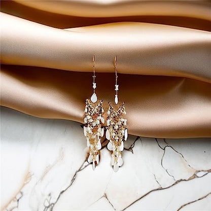 Essencedelight Crystal Beaded Tassel Earring Long Beaded Dangle Earring Fringe Hook Earring for Women Bridal Wedding - color: White