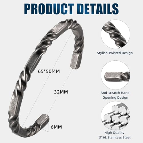 Hisatan Stainless Steel Mens Cuff Bracelet, Minimal Twist Cool Antique Retro/Silver/Black Open Metal Cuff Bangle Bracelets for Men, 65/70mm - color: Grey