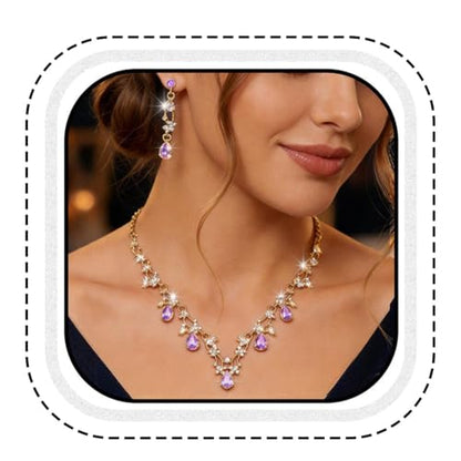 Gold Rhinestone Jewelry Set Bridal Wedding Necklace Earrings Sets Prom Formal Costume Jewelry for Women and Brides - color: Purple