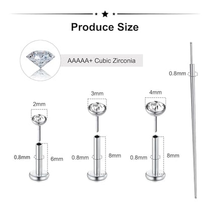 Zolure 18G/20G Flat Back Earrings Stud Threadless Nose Studs Surgical Steel Push in Earrings Tragus Cartilage Labret Helix Lip Conch Medusa Piercing Jewelry - color: 20G Silver #1