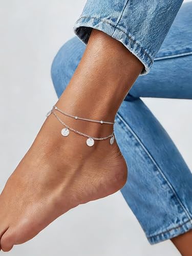 U7 Silver/Gold/Black Ankle Bracelets for Women Layered Chain Anklets | Stainless Steel Anklets Waterproof Summer Beach Anklet Charm, Adjustable 8.5"-10.5",Layered Anklet Fashion - color: Silver - Ball Chain+Paperclip Chain
