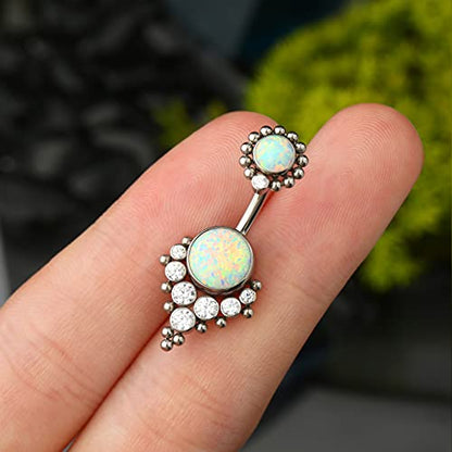 G23 Solid Titanium Belly Button Rings for Women Bezel Cluster 14G Implat-Grade Hypoallergenic Navel Rings Cute 14g Belly Rings - color: A-White Opal