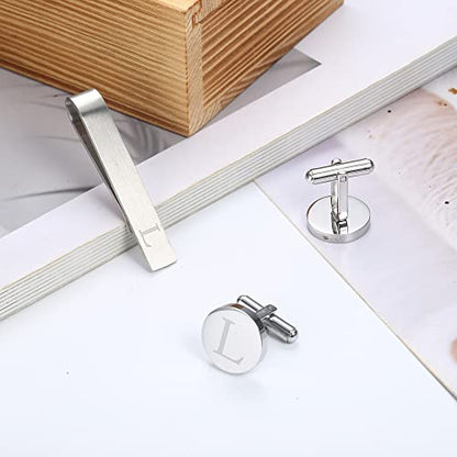 Initial Cuff Links Mens and Tie Clips for Men | Classic Silver Letter Alphabet A-Z Cufflinks and Tie Bar Set, Gifts for Men Father Husband for Formal Business Wedding - style: L