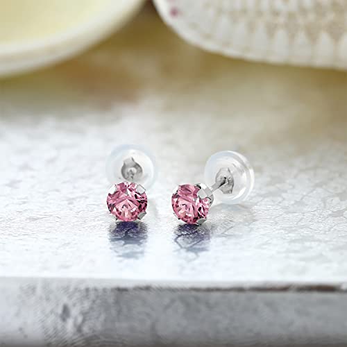 Gem Stone King 14K Gold Gemstone Birthstone Stud Earrings For Women Men | 4MM Round Cut | Solitaire Gold Studs with Secure Backs | Fine Jewelry for Her Him Mom Dad Wife - color: Pink Lab Grown Diamond-April