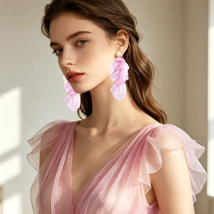 Handmade Bohemian Lightweight Fabric Flower Dangle Drop Earrings Chic Pearl Large Tassel Petal Stud Earrings For Women - color: Pearl Pink