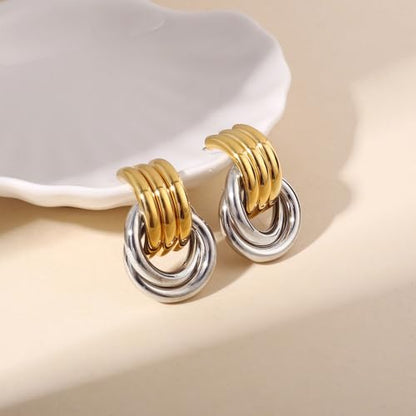 Chunky Gold-Plated Earrings for Women, Geometric Knot Link Circle Dangle Earrings, Trendy Drop Stud Earrings, Fashion Jewelry for Women