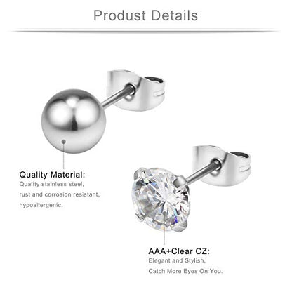 20G Mix Color Stainless Steel Ball Clear CZ Stud Earrings for Men Women Round 3-8mm 6-12Pairs - style: 12Pairs - 7mm