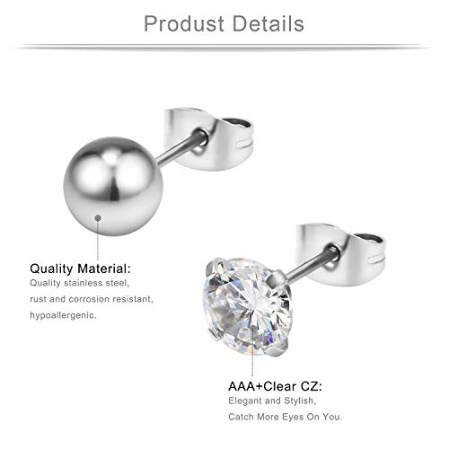 20G Mix Color Stainless Steel Ball Clear CZ Stud Earrings for Men Women Round 3-8mm 6-12Pairs - style: 12Pairs - 7mm