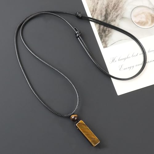 weryerker Natural Gemstone Pendant Necklace for Men, Healing Crystal Pendant, Cuboid Amulet Pendant with Adjustable Wax Rope - color: Tiger's Eye