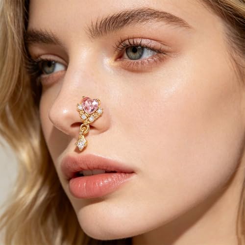 1-PCS Heart Clip On Earrings, Pink Crystal Fake Earrings No Piercing | Women Cute Dangle Ear Clip,Gold Dangle Nose Ring,Gold Dangles Heart Nose Ring