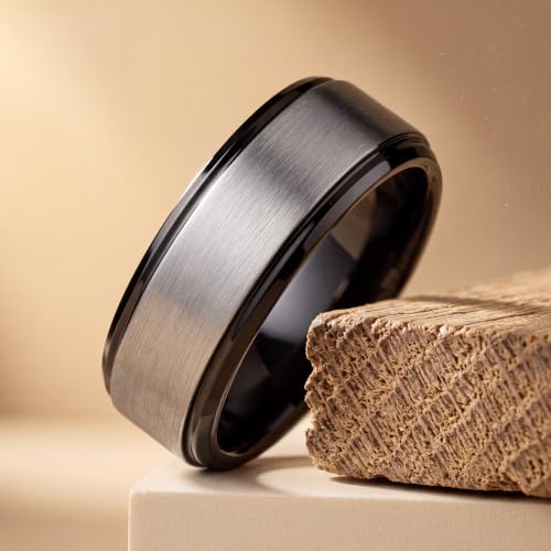Tungsten Wedding Band Ring Black 10mm Men Women Comfort Fit 18k Rose Gold Step Edge Brushed Polished - color: Black Grey Tungsten