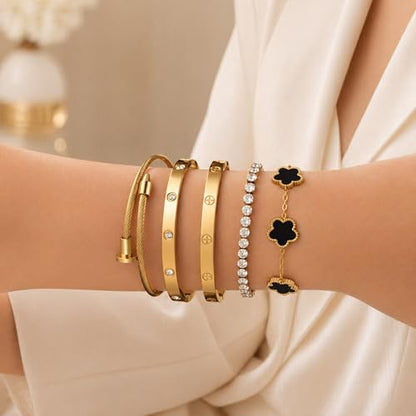18K Gold Plated Love Bangle Bracelet Stack for Women, Adjustable Clover Bracelet & CZ Tennis Chain Set, Stackable Layered Jewelry, Fade Resistant, Long-Lasting Luster for Daily Wear & Gift - color: 5Pcs Gold Black