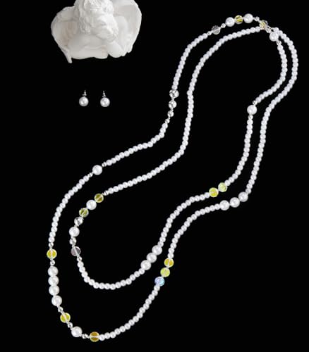 Errally Long Pearl Necklace and Earring Set Layered Pearl Beaded Necklaces for Women White Costume Jewelry Sets Gifts for Mom - color: Crystal