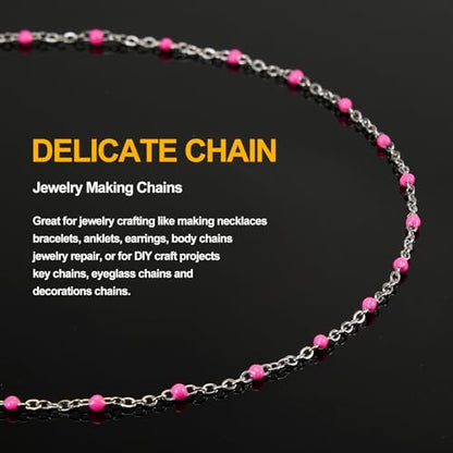 KYUNHO 16.4 Feet Rose Red Enamel Bead Chain Jewelry Supplies for Crafting | Stainless Steel Cable Chain Links on Roll Silver Chains for Jewelry Making with Jump Rings Lobster Clasps - color: Silver-Rose-2mm