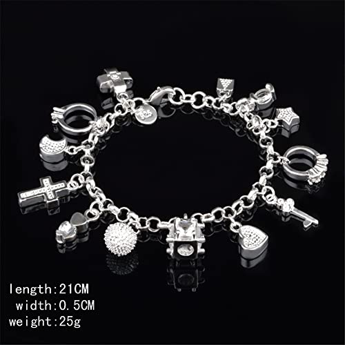 kelistom 925 Sterling Silver Bracelets for Women Teens, Love Heart Charm Chain Bracelet Bangle Fashion Jewelry Gifts - color: multi-charms