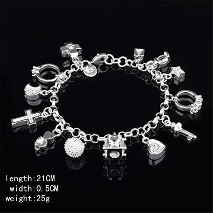 kelistom 925 Sterling Silver Bracelets for Women Teens, Love Heart Charm Chain Bracelet Bangle Fashion Jewelry Gifts - color: multi-charms