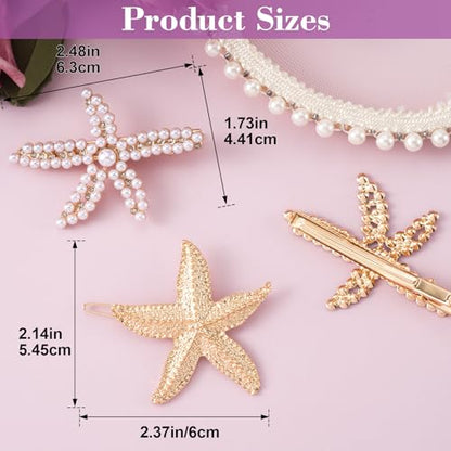 PAGOW 3 PCS Starfish Hair Clips, 3 Styles Gold Rhinestone Hair Clips, Faux Pearl Crystal Sea Star Wedding Headpiece Hair Accessories For Women Bride - color: 3pcs-gold,style2