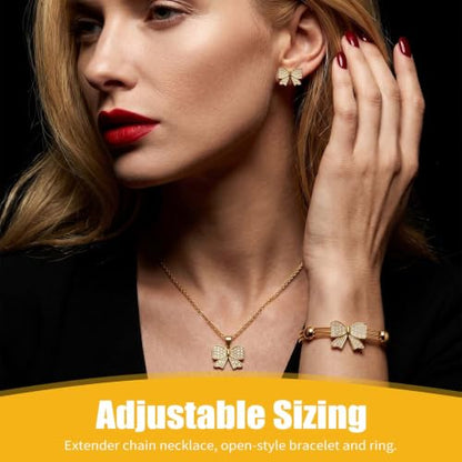 1 Set 4 Pcs Bow Jewelry Set Silver-tone Rhinestone Adjustable Bow Necklace, Earrings, Bracelet, Ring for Women, Party, Daily - color: Gold