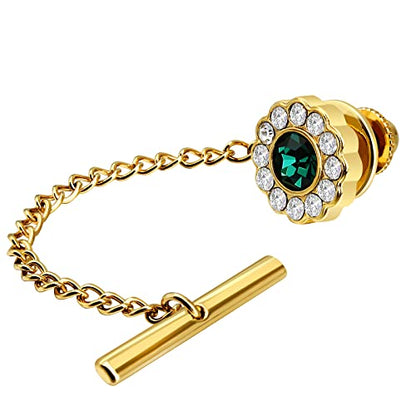 AMITER Crystal/Pearl Tie Tack with Chain, Gold Mens Tie Pin Necktie Pins Lapel Pin for Wedding Birthday Anniversary Party - color: 24k Gold+Green Crystal