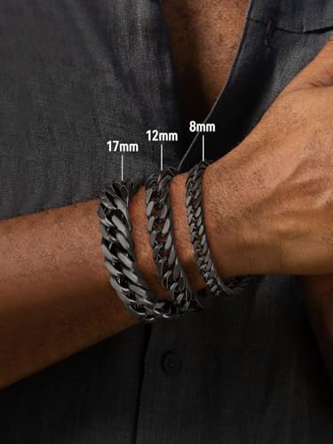 FaithHeart Mens Stainless Steel Cuban Link Bracelet, Tarnish Resistant | 6/8/12/17mm Silver/Black/Gold Sturdy Hip Hop Wrist Chain Bracelets Daily Wear with Gift Box, 7.5"/8.3"/9.1" Length - color: Black-17mm Width, size: Length 8.3 Inches