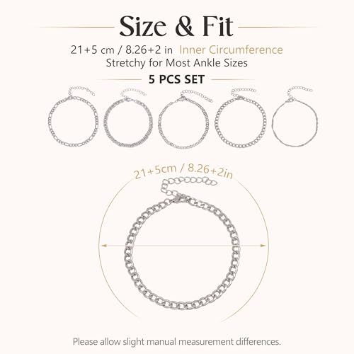 Fesciory 14K Gold Plated Ankle Bracelets Sets For Women, Adjustable Layered Infinite Anklet, Summer Beach Butterfly Star Foot Chain Jewelry Gifts - style: 5 Silver Chains