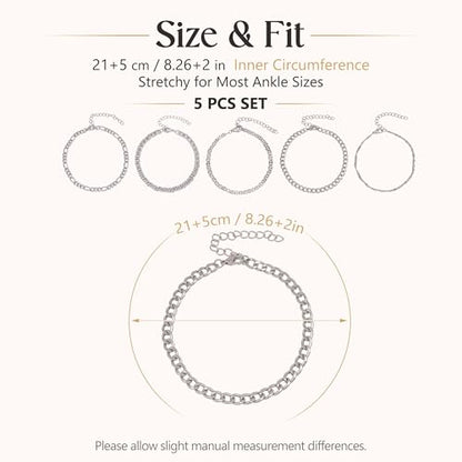 Fesciory 14K Gold Plated Ankle Bracelets Sets For Women, Adjustable Layered Infinite Anklet, Summer Beach Butterfly Star Foot Chain Jewelry Gifts - style: 5 Silver Chains