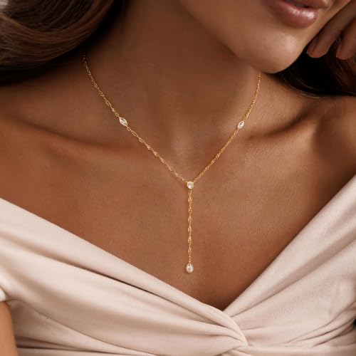 Long Necklaces for Women, Cute 14K Gold Plated CZ Drop Necklace | Dainty Gold Necklace, Simple CZ Teardrop Clover Y Shaped Lariat Necklace,Statement Non Tarnish Necklace, Trendy Gold Jewelry - color: Gold-Drop 4