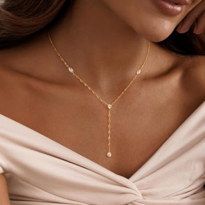 Long Necklaces for Women, Cute 14K Gold Plated CZ Drop Necklace | Dainty Gold Necklace, Simple CZ Teardrop Clover Y Shaped Lariat Necklace,Statement Non Tarnish Necklace, Trendy Gold Jewelry - color: Gold-Drop 4