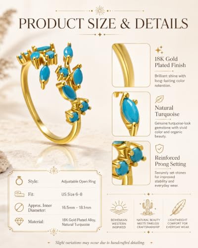 Boho Turquoise Rings for Women Non Tarnish Western Gold/Silver Leaf Ring | 14k gold plated/silver plated white copper natural turquoise ring,bohemian adjustable open wrap knuckle rings