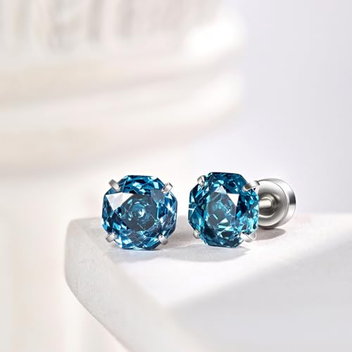 Zircon Flat Back Screw Hypoallergenic Surgical Steel Stud Earrings - color: Moonlit Blue, size: 1ct - 0.24 Inch (6mm), None Gift Box