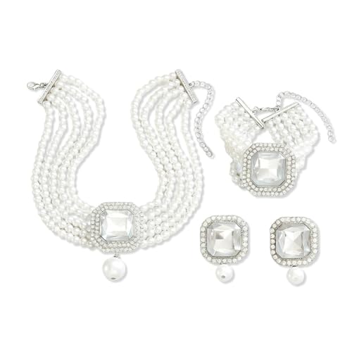 Fashion Bride Silver Black Green Bridal Layered Rhinestone Crystal 1920s Faux Pearls Necklace Earrings Bracelet Set Crystal Wedding Jewelry Set Rose Red Square Choker Necklace for Women - color: Silver